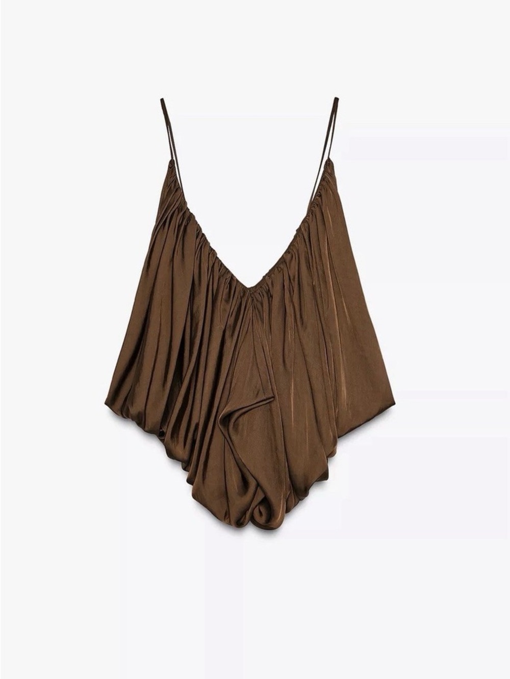 Brown Draped V-Neck Spaghetti Strap Top Satin Zara XS